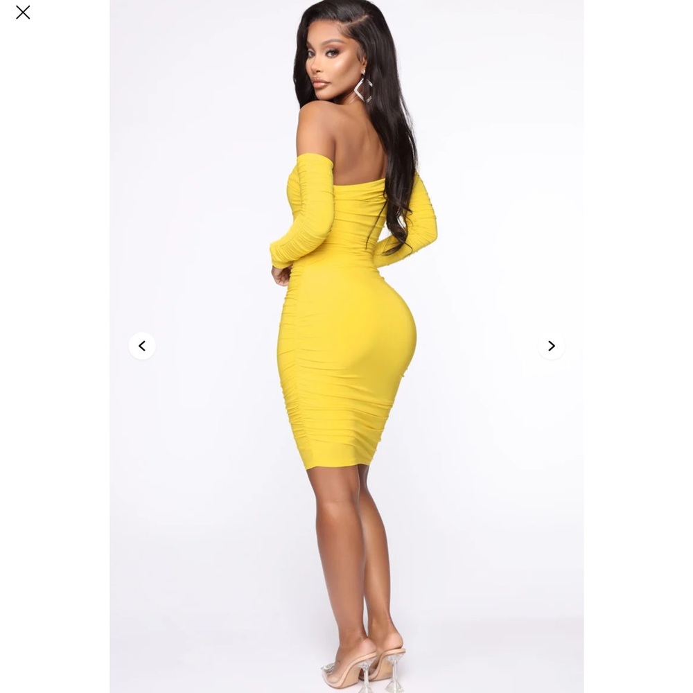 Fashion Nova Yellow Off-Shoulder Long Sleeve Dress